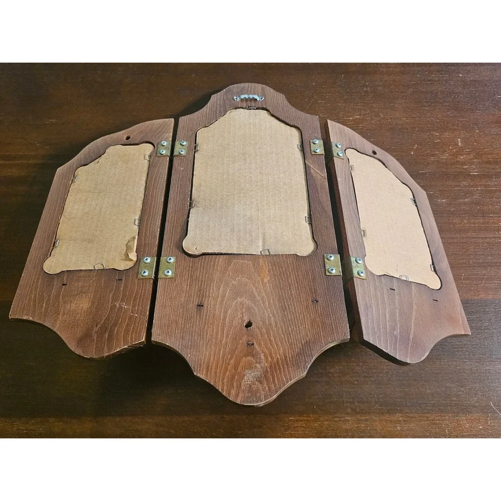 Triptych Wall Mirror Home Decor Brown Wood Folding Candle Sconce Shelf